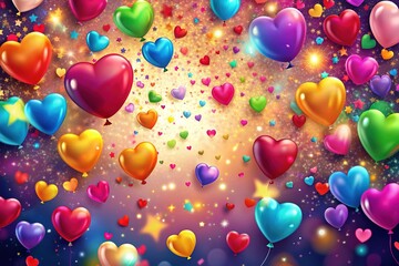 Vibrant colorful abstract background featuring scattered hearts, balloons, and confetti, perfect for romantic and celebratory occasions, ideal for digital design and decoration.