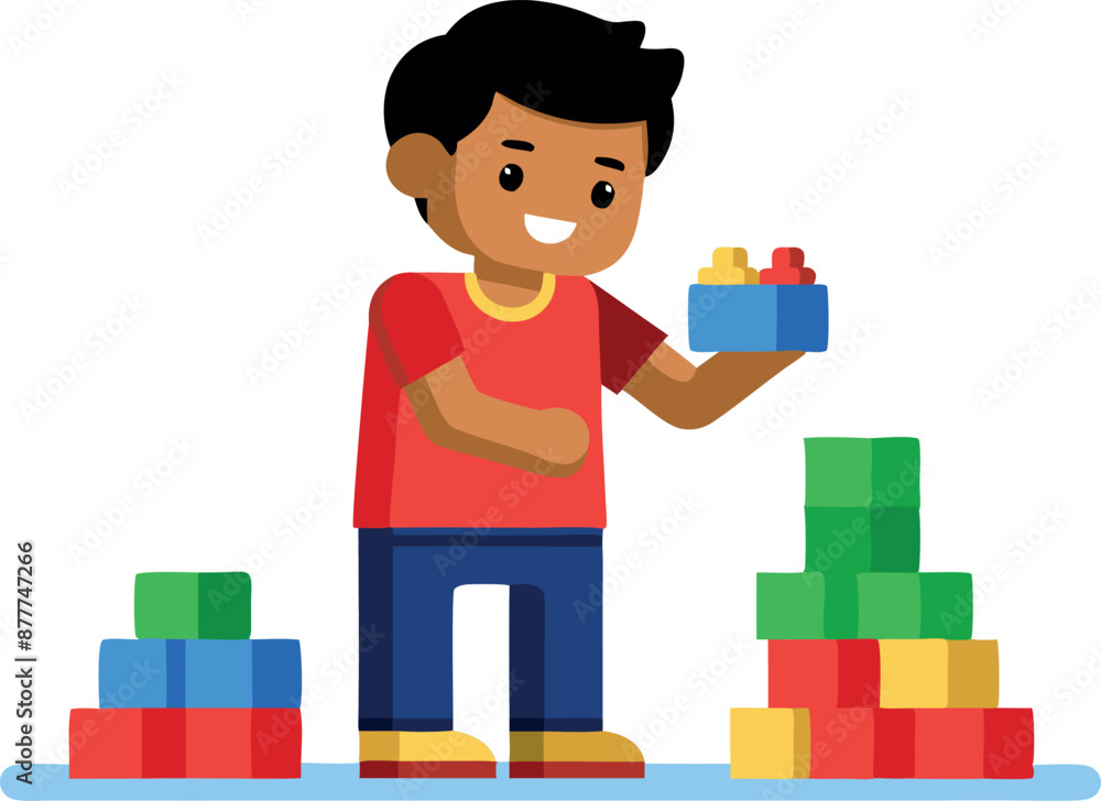 Poster Happy child playing with colorful building blocks, smiling and enjoying creativity