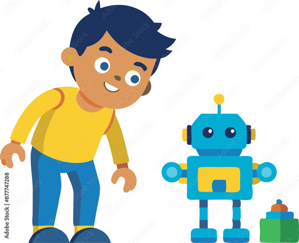 Poster smiling boy playing with a colorful robot toy on a white background
