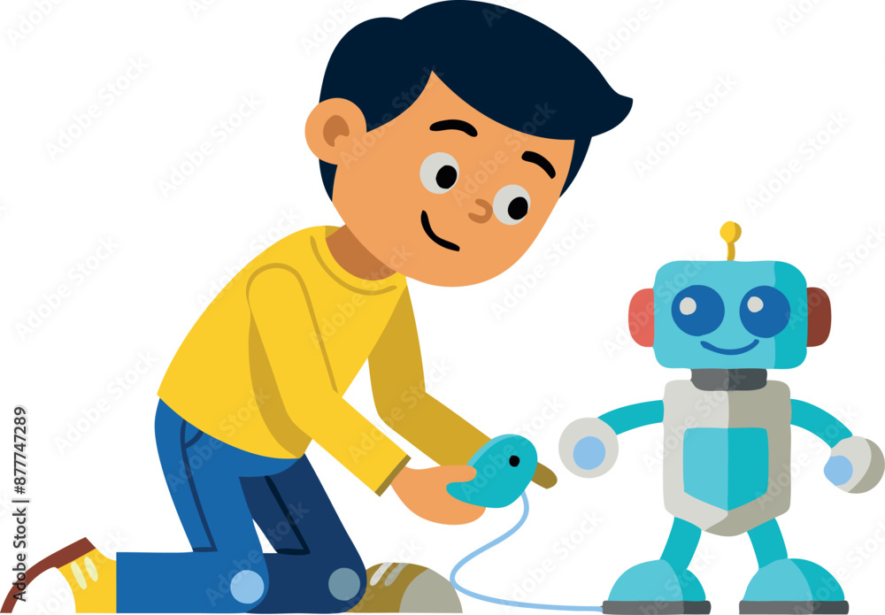 Poster child playing with remote-controlled robot in colorful illustration