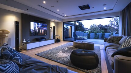 Suburban contemporary house with an integrated audio-visual system that turns the living room into a high-end entertainment area