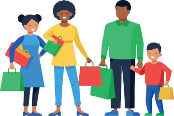 Fototapeta premium Happy family shopping together with bags, enjoying time at mall
