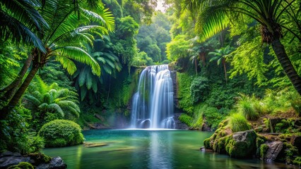 Fototapeta premium Tropical waterfall surrounded by lush greenery in a dense forest, tropical, waterfall, forest, nature, beauty, lush