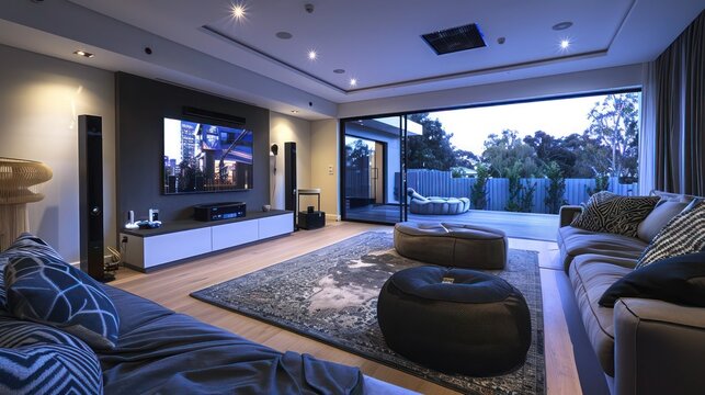 Suburban contemporary house with an integrated audio-visual system that turns the living room into a high-end entertainment area