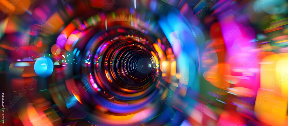 Poster abstract tunnel pattern with vibrant colors and light reflections, creating a mesmerizing and dynami