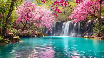 A serene springtime retreat showcasing cherry blossom trees, waterfalls, and a pristine turquoise pond surrounded by a kaleidoscope of flowers in various colors. The vibrant hues of the blossoms