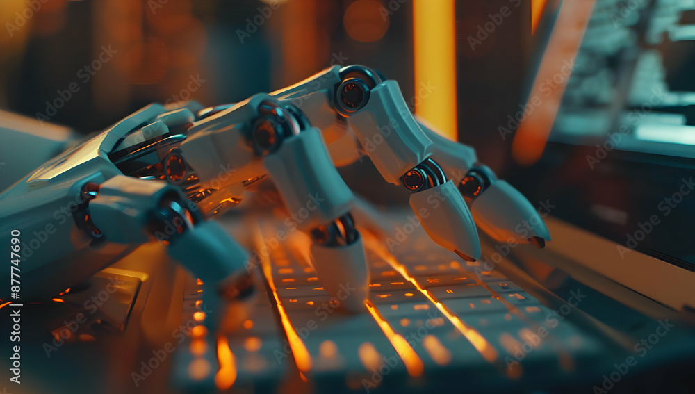 Aufkleber close-up of a robotic hand typing on a laptop keyboard, capturing the essence of advanced artificial