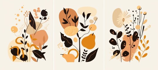 Abstract brown and beige terracotta boho shaped wall art set of three paintings with a white background