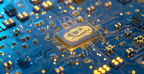 Close-up of a glowing car icon on a microchip representing automotive technology and smart car innovation.