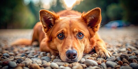 Close-up ground level shot of a red dog with light brown eyes lying on gravel, looking at the camera, red dog