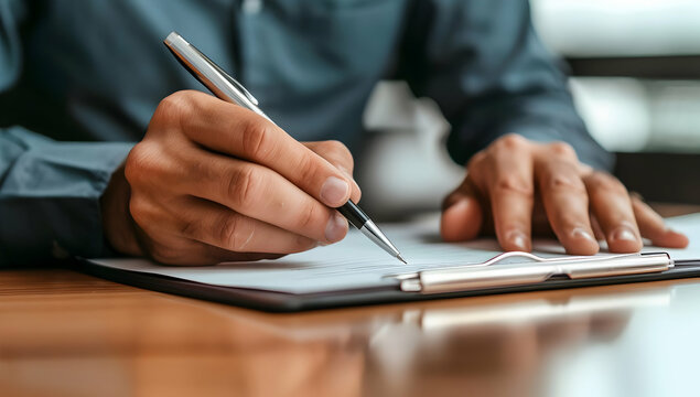 Close-up of a person writing on paper with a pen, focusing on the hands and the documents, suitable for business or office themes.