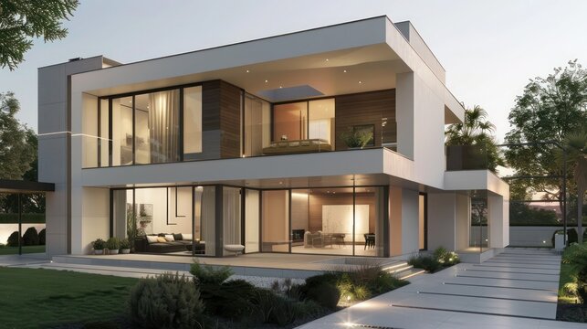 Suburban home with a minimalist, modern design featuring clean lines, a neutral color palette, and strategic use of natural light