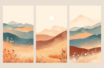 Abstract Mountain Landscape with Sun and Wildflowers, Three Vertical Panels