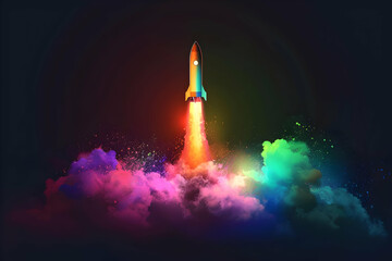Fototapeta premium Colorful space rocket launch at night with rainbow smoke. Beautiful and vibrant colors in the dark sky creating an awe-inspiring spectacle.