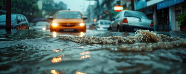 Flooded City Street After Storm Submerged Cars and Debris in the Aftermath of Heavy Rainfall, A Powerful Visual of Urban Flooding