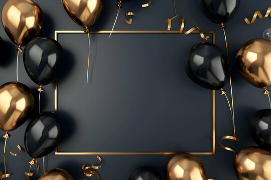 Elegant black and gold balloons with ribbons and a golden frame on a dark background for celebrations, parties, and special occasions.