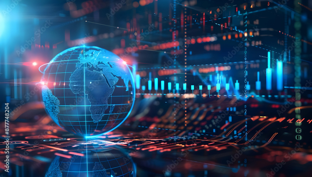 Aufkleber global digital technology network with data analytics visualization, futuristic interface, and glowi