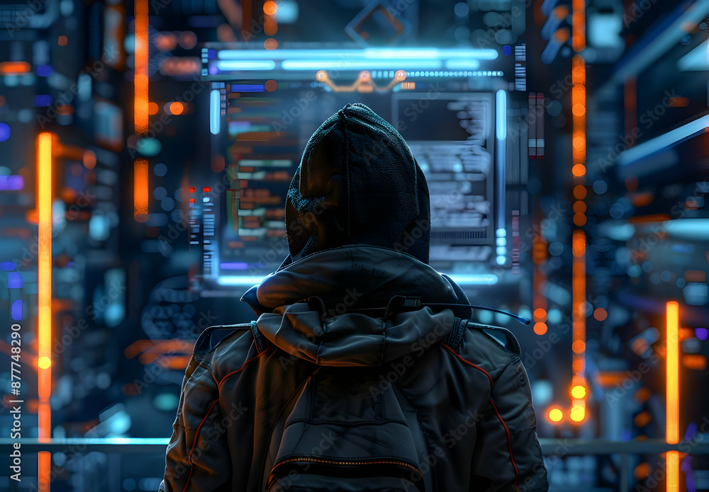 Poster hooded individual facing computer screens with code and futuristic cyber background, symbolizing tec