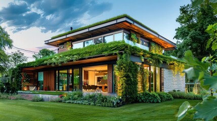 Fototapeta premium Suburban house with an eco-friendly design, featuring a green roof and walls that improve insulation and reduce energy consumption