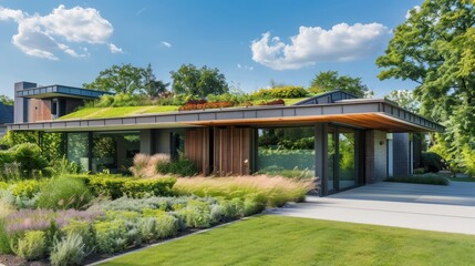 Fototapeta premium Suburban house with an eco-friendly design, featuring a green roof and walls that improve insulation and reduce energy consumption