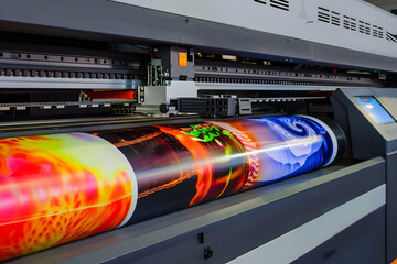 High-quality digital printing process showcasing vibrant, colorful graphics on a large format printer for professional use.