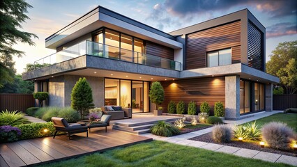 Exterior design of a modern house with a beautiful landscaping and outdoor living space, exterior, design, modern, house