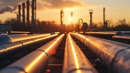 Industrial pipelines at sunset with refinery towers in background, showcasing energy infrastructure and engineering concepts.