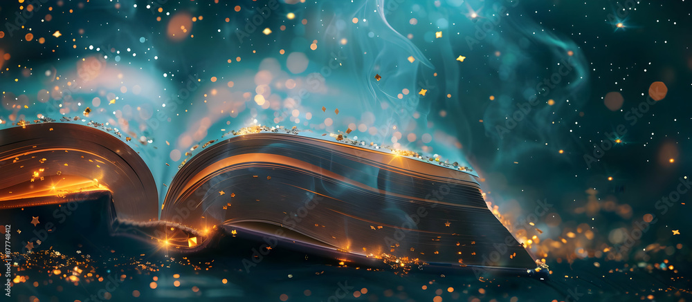 Poster magical book with glowing light and mystical particles emanating from its pages against a celestial 