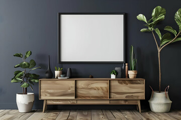 Modern living room interior with wooden furniture, plants, and blank picture frame on dark wall.