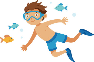 Boy swimming underwater with fish, wearing goggles and blue swim shorts