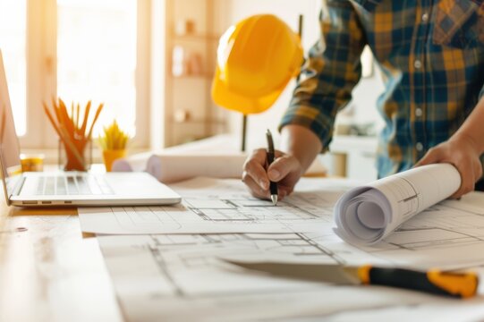 Architect at work with architectural plans and a laptop. A hard hat and stationery are on the table, indicating a construction environment.