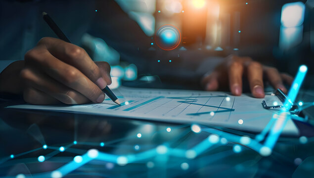 Person analyzing financial data on paper with digital overlay charts, working in a futuristic office setting with technology integration.