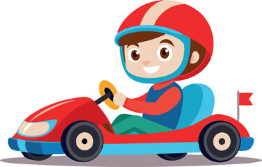 Boy enjoying a go-kart ride wearing a red helmet and blue outfit