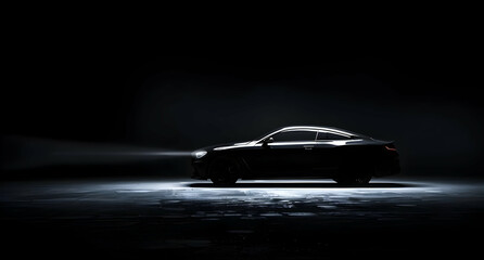 Obraz premium Sleek black car in dramatic lighting, showcasing modern design and elegance against a dark background in a moody atmosphere.