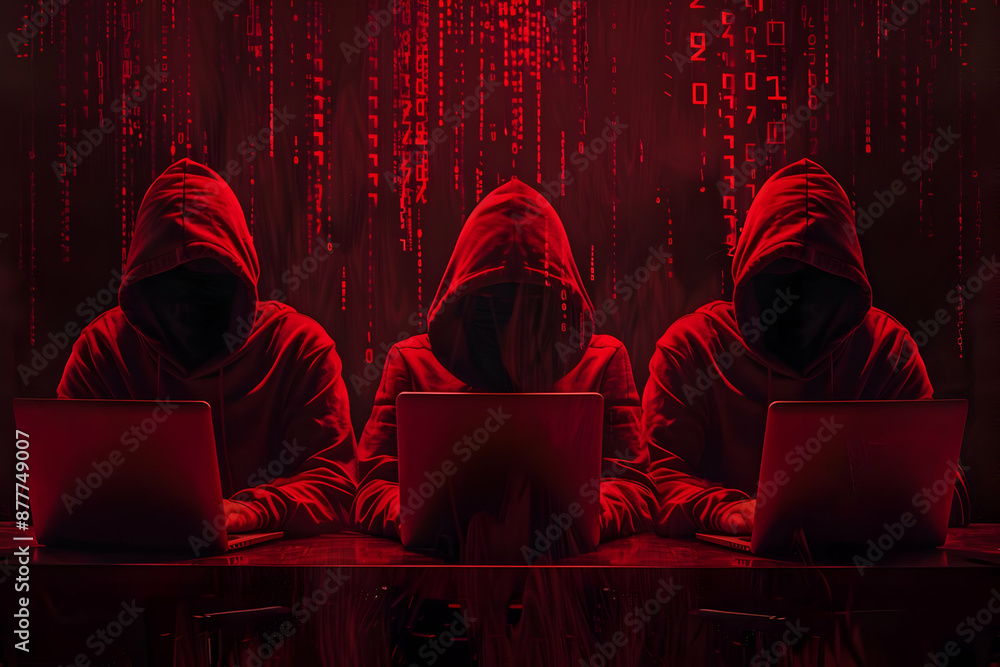 Poster three mysterious hackers in red hoodies use laptops in a dark room with digital code background, ill