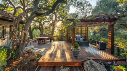 intimate Craftsman-style patio with wooden decking and a handcrafted pergola, surrounded by mature trees
