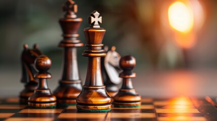 Chess pieces on a board with a warm sunset in the background, capturing a strategic and thoughtful game moment.