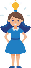Obraz premium Creative girl with light bulb idea in blue dress, smiling cartoon character