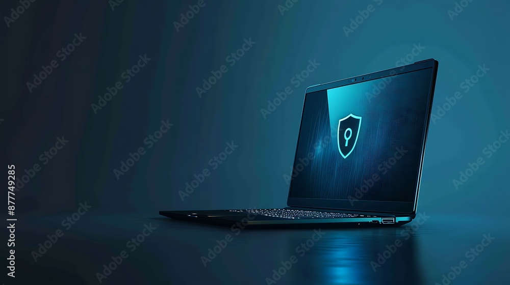 Poster a side view of a laptop displaying a cyan security alert icon, set against a gradient background wit