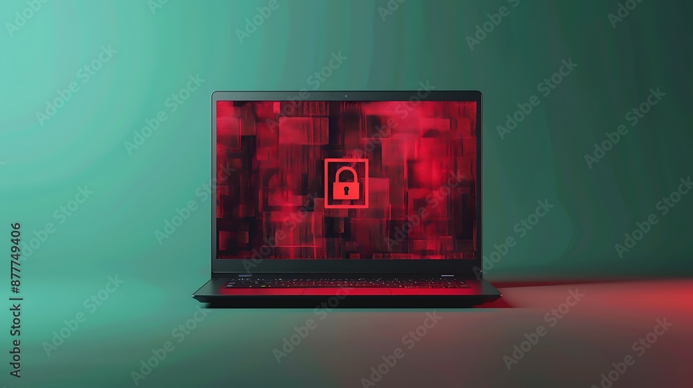 Poster a frontal view of a laptop with a red security alert symbol on the screen, placed against a light gr