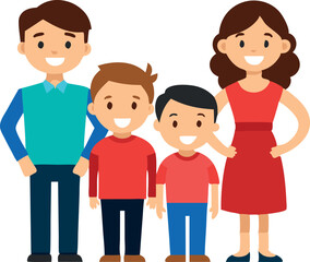 Fototapeta premium Smiling family with two sons, warm and loving cartoon illustration