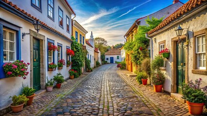 Obraz premium A charming cobblestone street in a quaint town on a picturesque island, cobblestone, street, town, island, charming