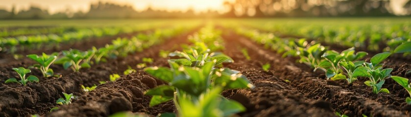 Close-up of young crop seedlings sprouting in fertile soil at sunrise, signifying growth and agriculture in the countryside.