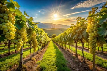 Fototapeta premium Serene landscape of lush green vineyard with neatly arranged rows of vines heavy with ripe, juicy grapes ready for harvest, basking in warm sunlight.