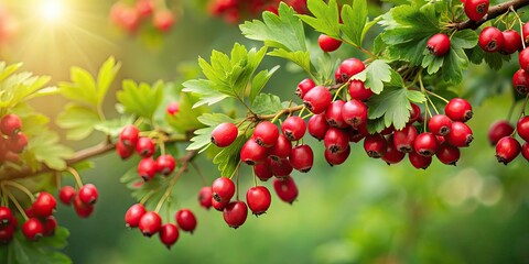 Fototapeta premium Realistic of Japanese Hawthorn , botanical, nature, plant, flower, garden, thorn, detailed, drawing, red, berries, tree, branches