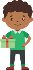 Fototapeta premium Boy holding a wrapped gift box, dressed in green shirt and black pants