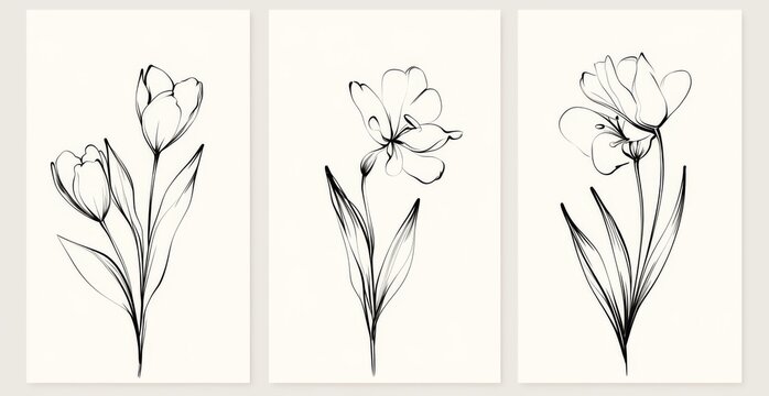 Set of three black and white tulip flower line art sketches in frames on wall, white background 
