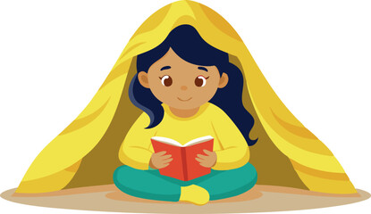 Obraz premium Girl reading a book under a yellow blanket tent