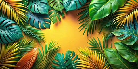 Naklejka premium Tropical leaves background with vibrant colors perfect for summer themes, tropical, leaves, exotic, trendy, background