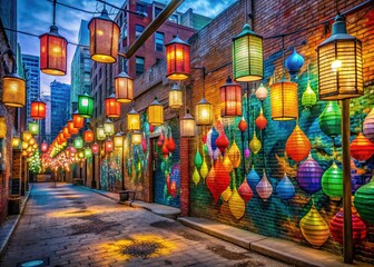 Fototapeta premium Colorful lanterns: Vibrant lanterns in various colors and shapes hang from a city street, casting a warm glow on the urban landscape at night